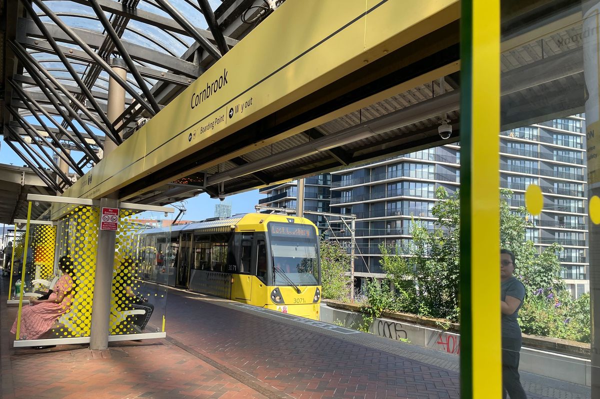 Tram pulling into Cornbrook tram stop
