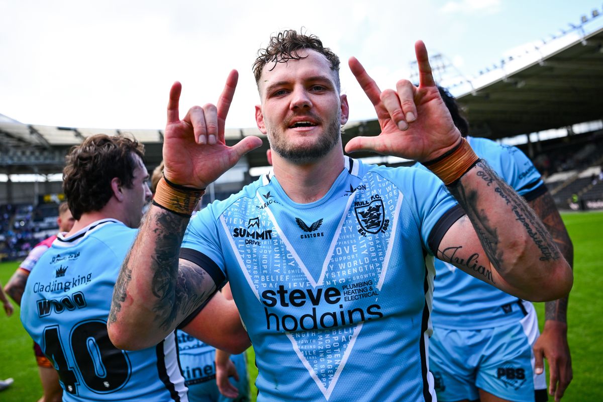 Ethan O'Neill celebrates a Hull FC win.