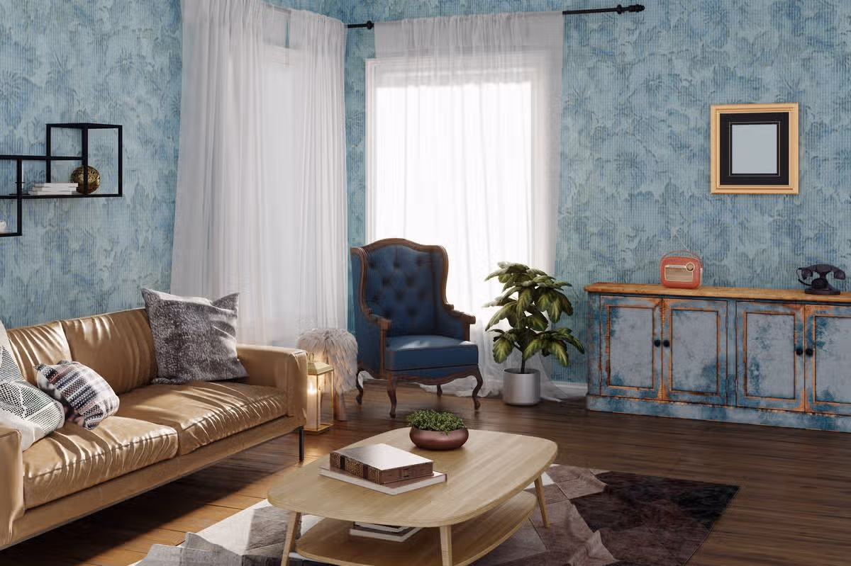 Vintage living room with retro furniture and blue wallpaper. (3d render)