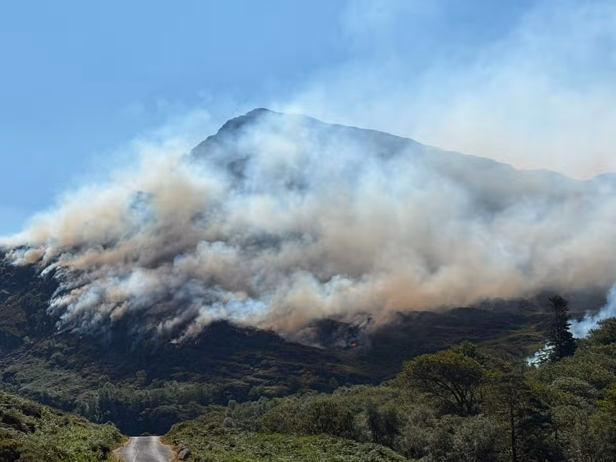 Images of the wildfire on Rhinogydd mountains near Cwm Bychan lake, near Harlech
