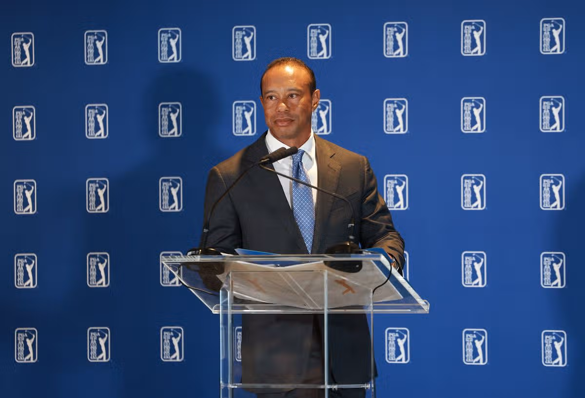 Tiger Woods speaking at the Travelers Championship
