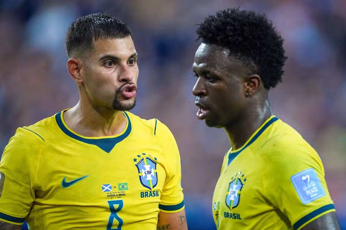 Bruno Guimarães and Vinícius Júnior in action for Brazil