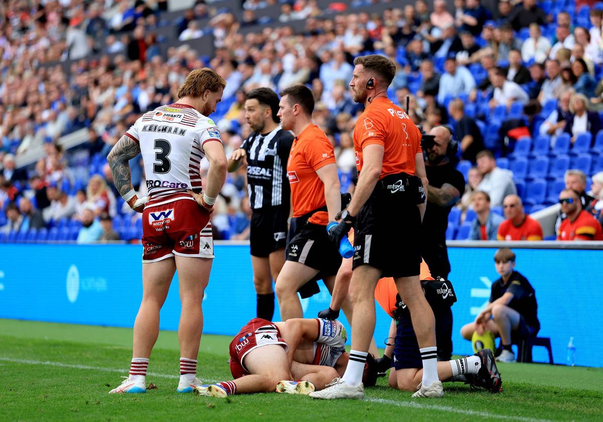Wigan Warriors’ Nathan Lowe sustains an injury during the Betfred Super League match at the Hill Dickinson Stadium, Liverpool
