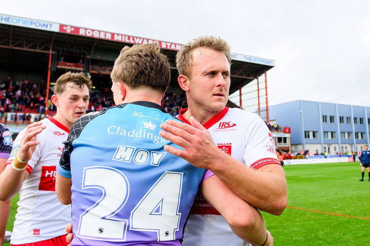 Hull FC's Logan Moy & Hull KR's Jez Litten shake hands after the  last Hull derby on Good Friday