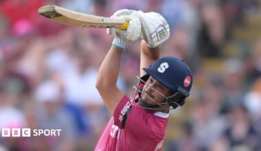 Nathan McSweeney lofts the ball away during an innings for Northamptonshire