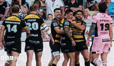 York Knights players celebrate Nikau Williams's second half try