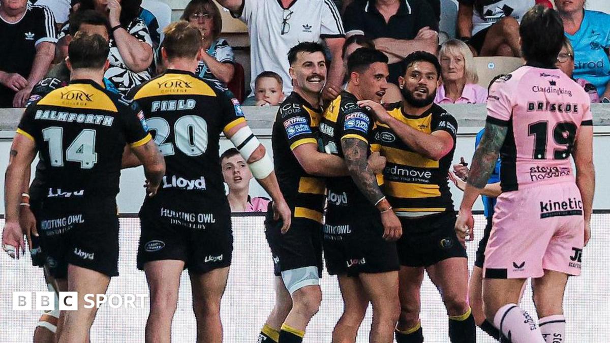 York Knights players celebrate Nikau Williams's second half try