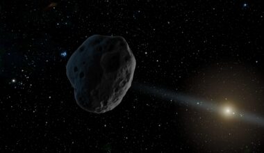 A dark, cratered asteroid floats in deep space against a background of countless stars, while a bright, distant sun in the lower right casts a beam of light across its rugged surface.