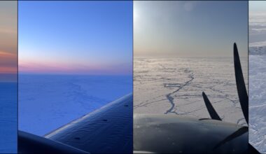 A collage of four vertical aerial photographs showing different views of sea ice. From left to right: 1) A vibrant orange and red sunset glowing just above the horizon over a vast expanse of dark blue, shadowed sea ice. 2) A view from an aircraft window showing a section of the plane's wing in the foreground, overlooking a sprawling plain of blue-tinted ice beneath a clear sky that fades to pink at the horizon. 3) A view looking past an airplane's dark engine cowling and propeller blade, showing bright white sea ice fractured by a network of dark, branching cracks under a bright, hazy sun. 4) A downward aerial view of heavily textured, bright white sea ice split by a wide, jagged, dark crack (a lead) exposing the open water beneath.