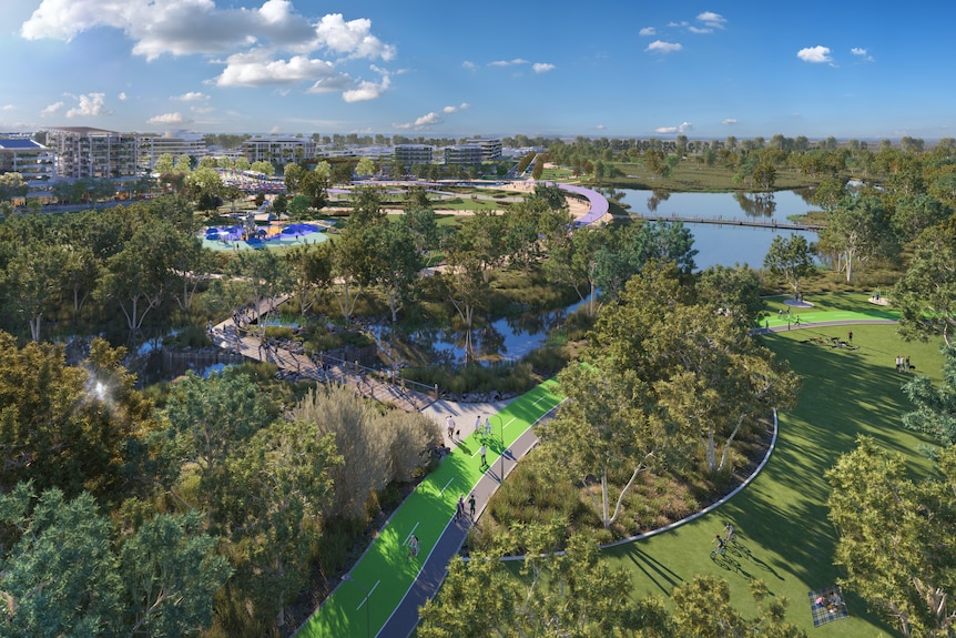 A digital image of walkways, bushland, a lake and apartments.