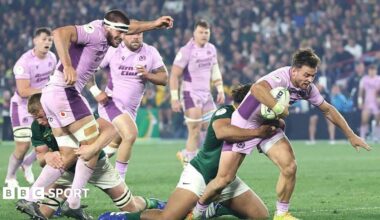 Ben White reaches for the line to score Scotland's fourth try in Pretoria