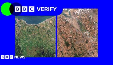Side-by-side satellite images of north Wales and Merseyside, the left image is very green and the right is mostly brown