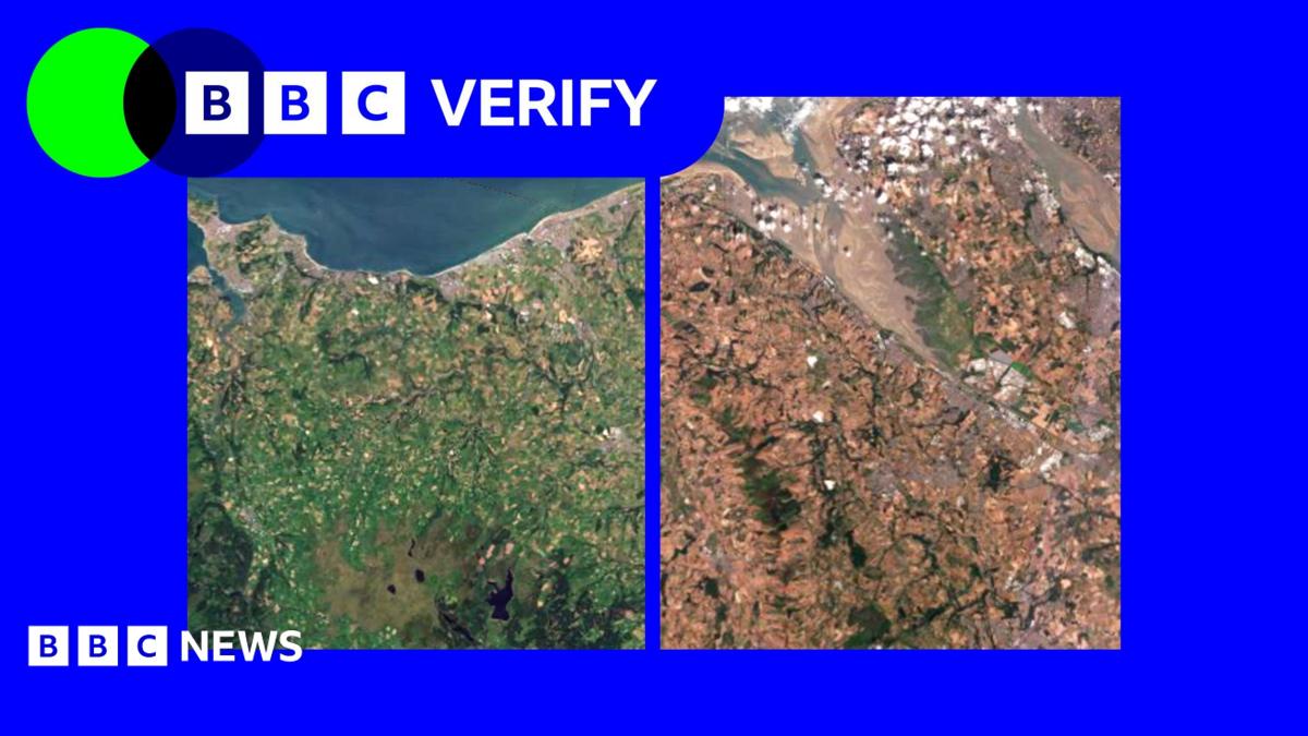 Side-by-side satellite images of north Wales and Merseyside, the left image is very green and the right is mostly brown