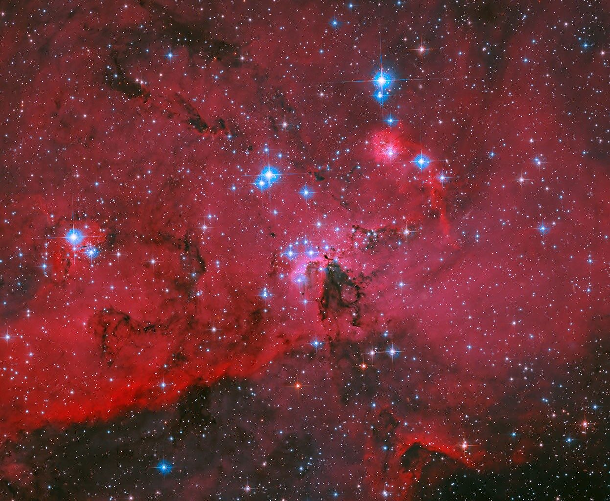 NASA's Hubble Captures Crimson Cloud Sparkling with White, Blue Stars