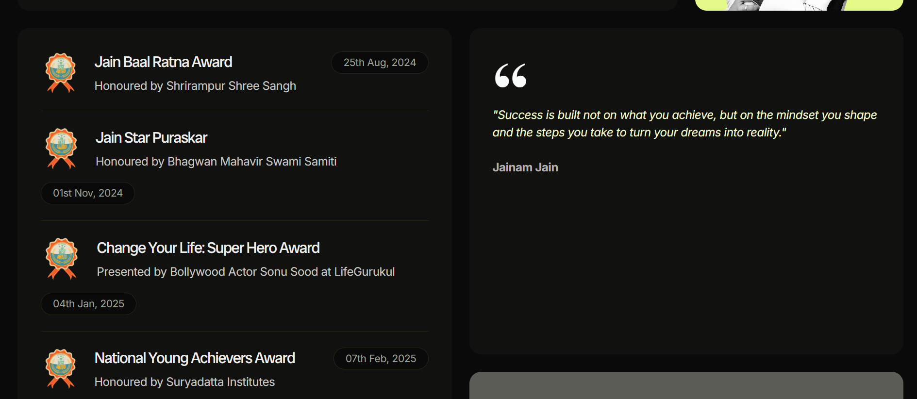 His website lists multiple honours received between 2024 and 2025 Jainam Jain