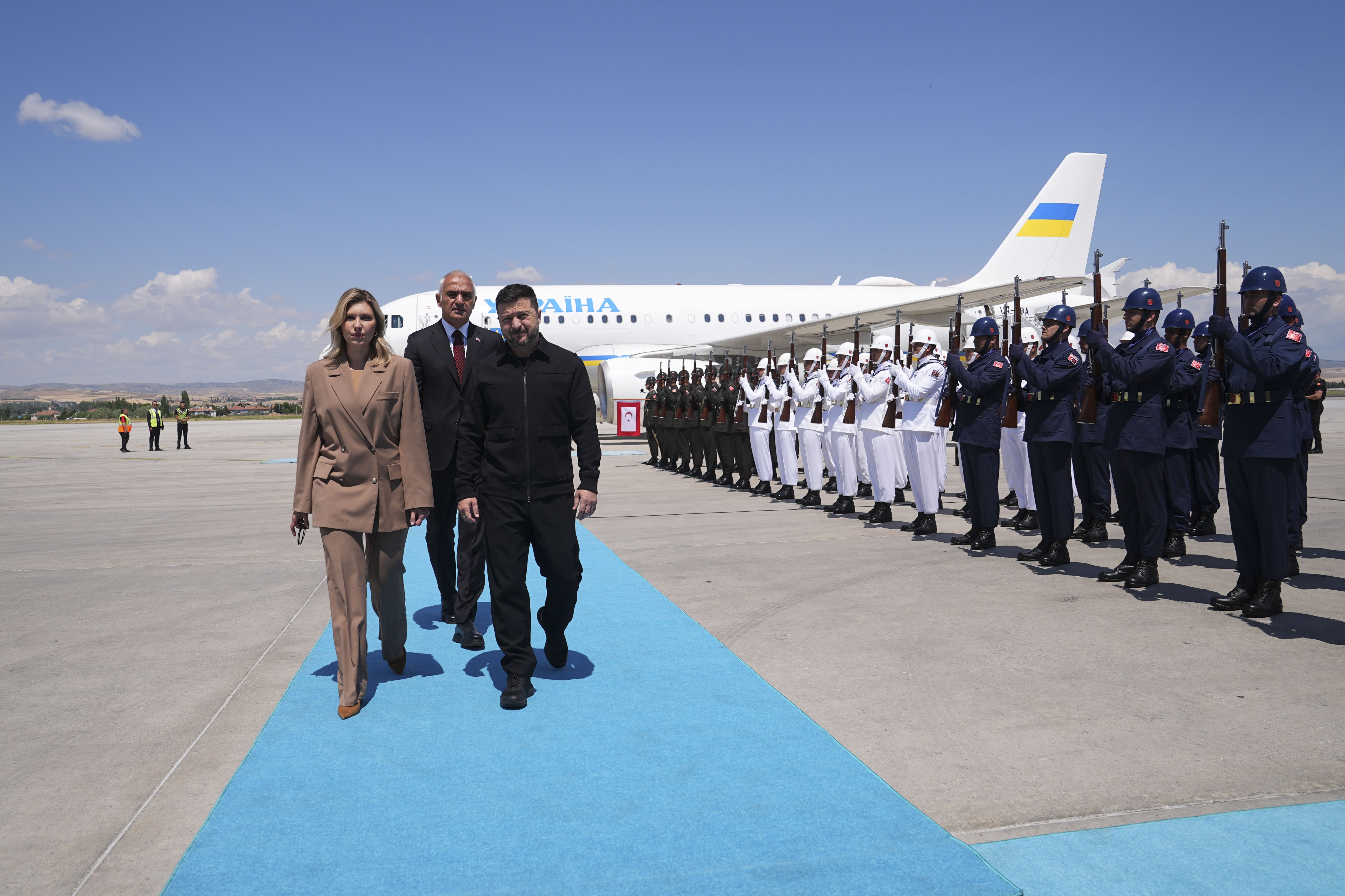 Ukraine's President Volodymyr Zelenskyy, center right, arrives for the NATO Summit in Ankara, Turkey, Tuesday, July 7, 2026.