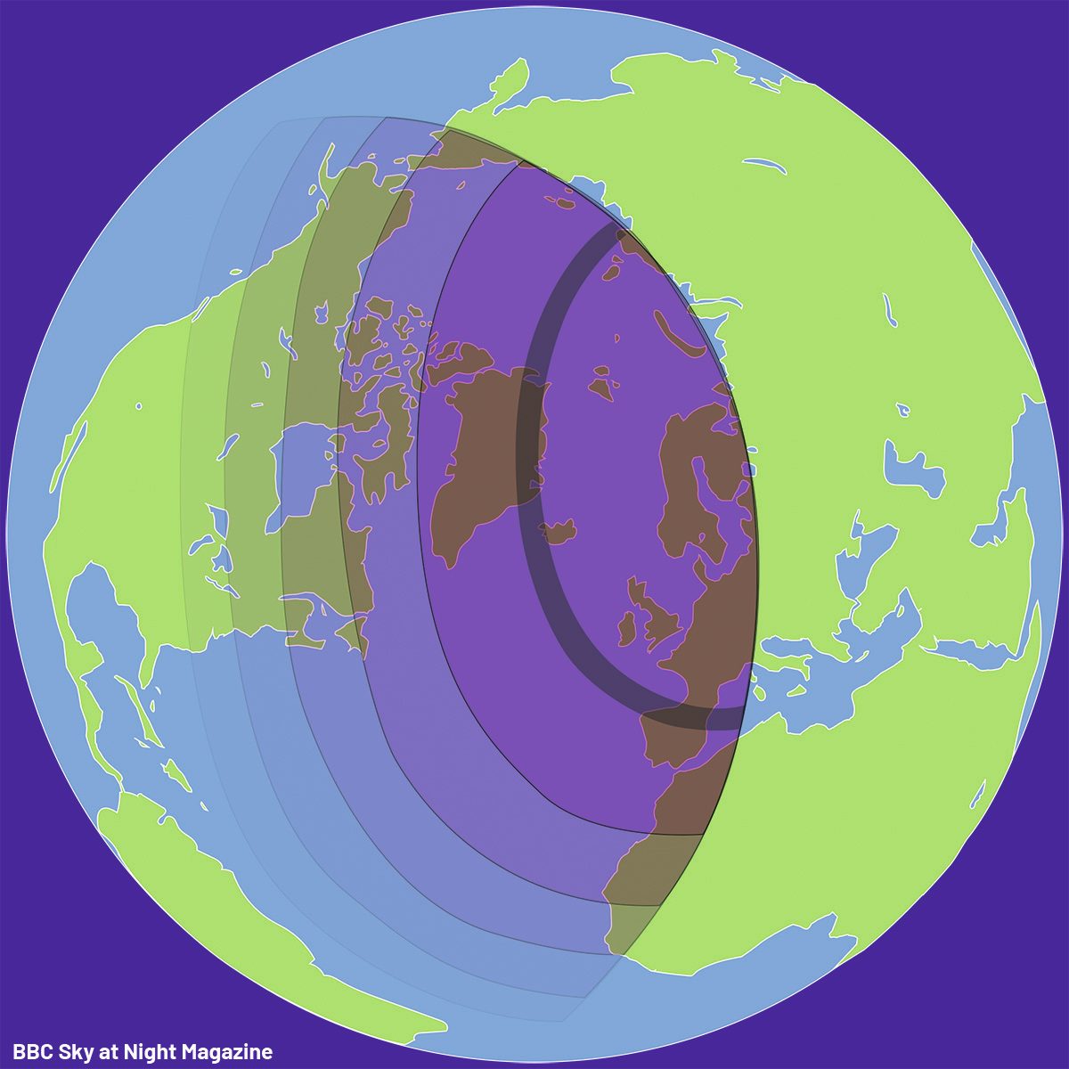 Map showing the path of the 12 August 2026 total solar eclipse. The path of totality is represented by a dark, thin line. Either side of that line, observers will see a partial solar eclipse. Credit: BBC Sky at Night Magazine / Paul Wootton