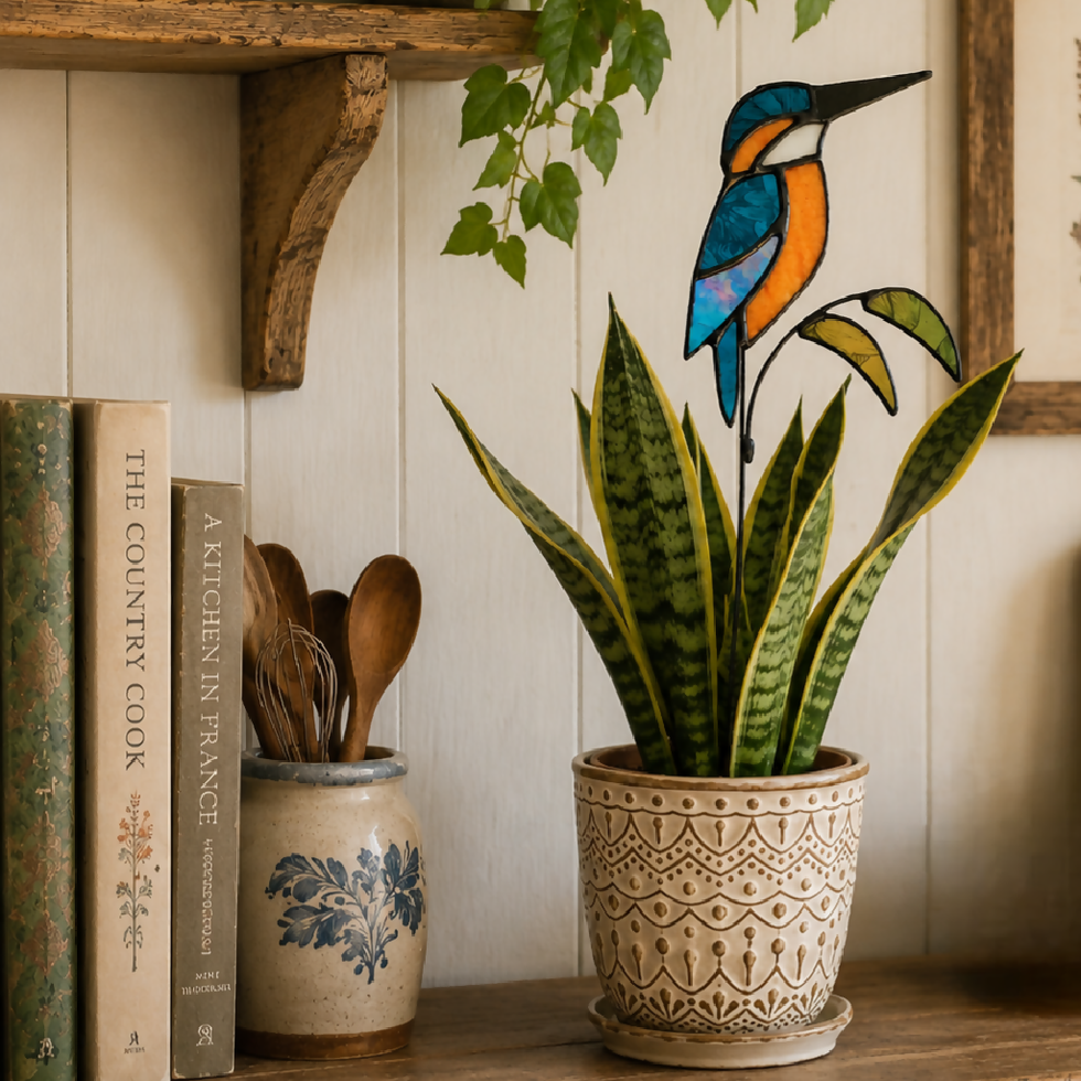 The Riverlight Kingfisher – Glass‑Winged Bird Resting on a Leafed Stem