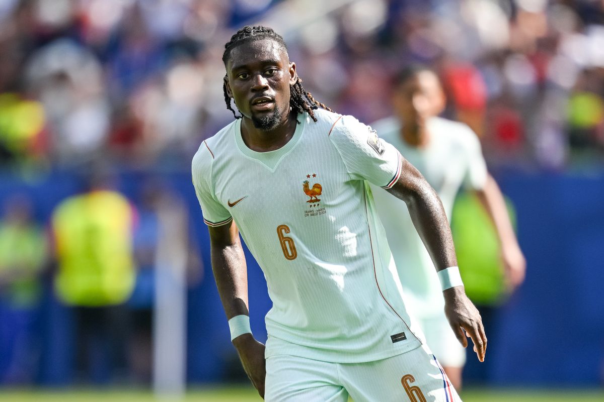 Manu Kone of France looks on during the Quarter Final - FIFA World Cup 2026 match between France and Morocco at Boston Stadium on July 9, 2026 in Foxborough, United States