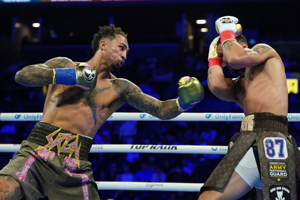 Ben Whittaker (L) throws a punch at Richard Rivera (R)during their WBC Silver Light-Heavyweight title bout at Barclays Center on June 27, 2026 in New York City