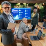 portrait of confident senior business man holding digital tablet in modern office