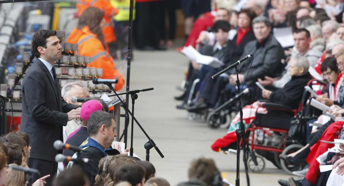 Then-Culture, Media and Sport Secretary Andy Burnham speaks at an official memorial event at Liverpool's Anfield Stadium to mark the 20th anniversary of the Hillsborough disaster in which 96 soccer fans died.