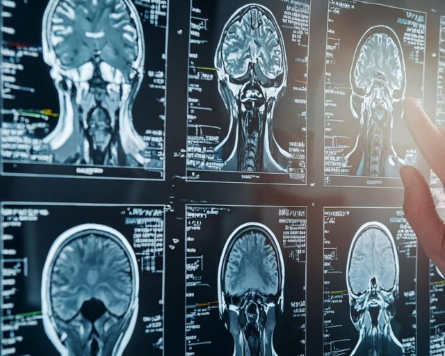 MRI Brain Scan. Doctor shows MRI Brain Scan of head and skull.