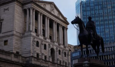 Bank of England headquarters in 2025, showcasing modern architecture and iconic London skyline in the background.