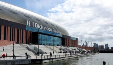 Hill Dickinson Stadium exterior, Liverpool, with fans on steps, waterfront, and city skyline.