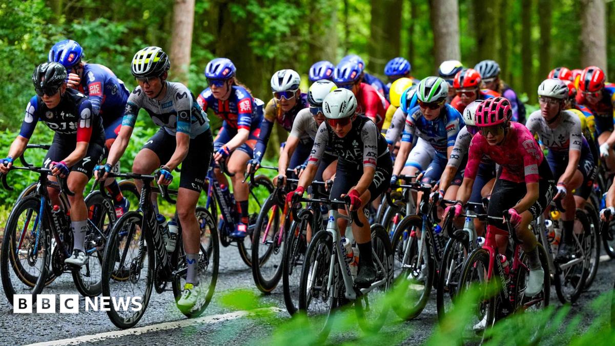 A tightly packed group of road cyclists on a road surrounded by woodland.