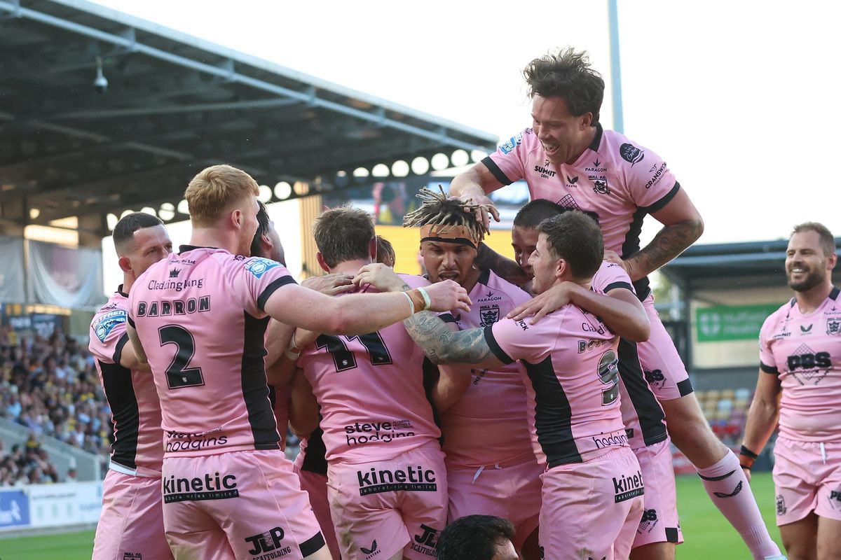 Hull FC celebrate Joe Batchelor's try.