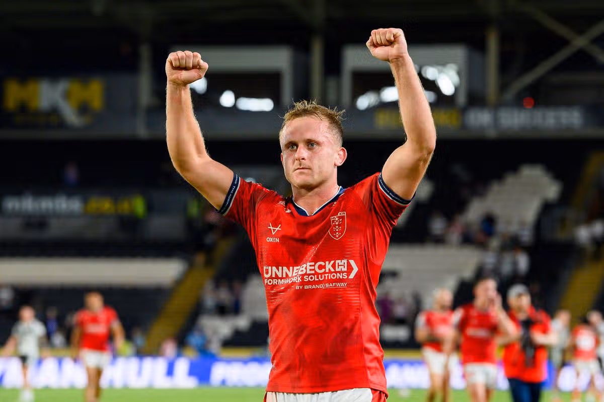 Hull KR's Jez Litten celebrates after victory over Hull FC.