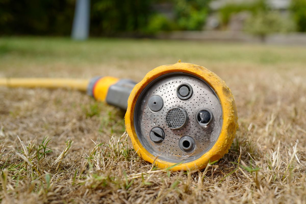 A hosepipe rests on the parched earth of a private garden. File image