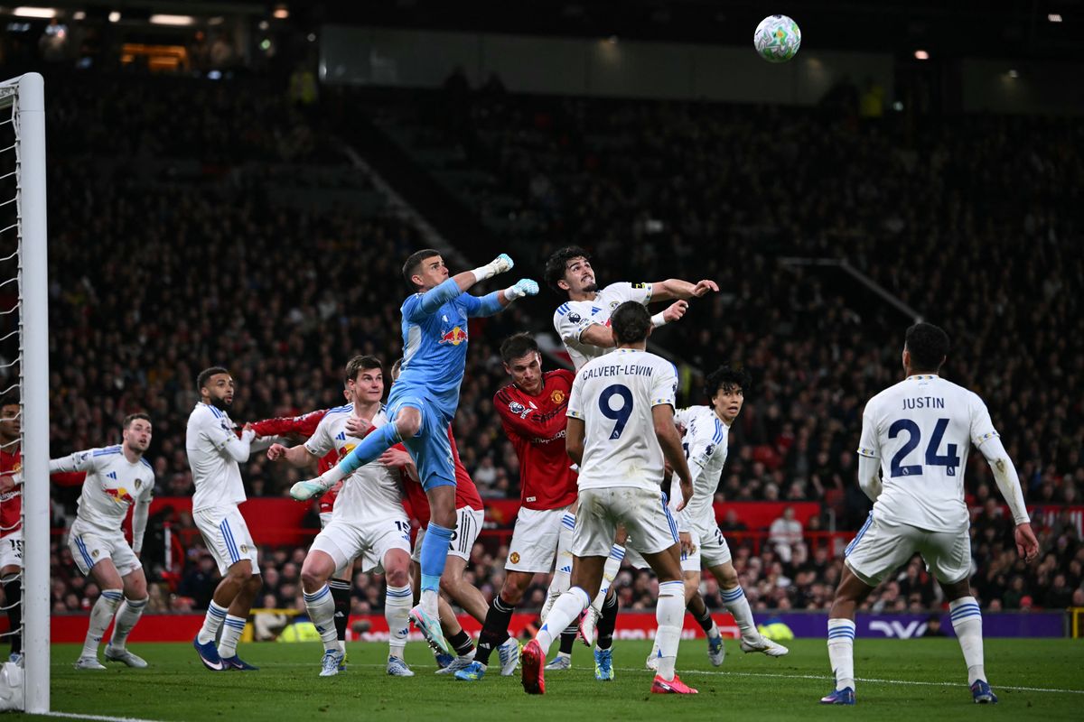 Karl Darlow punches away a corner during Leeds' victory over Manchester United last season
