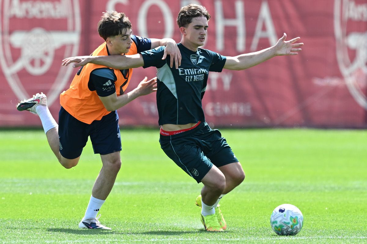 Max Dowman and Harrison Dudziak of Arsenal during the Arsenal training session at Sobha Realty Training Centre