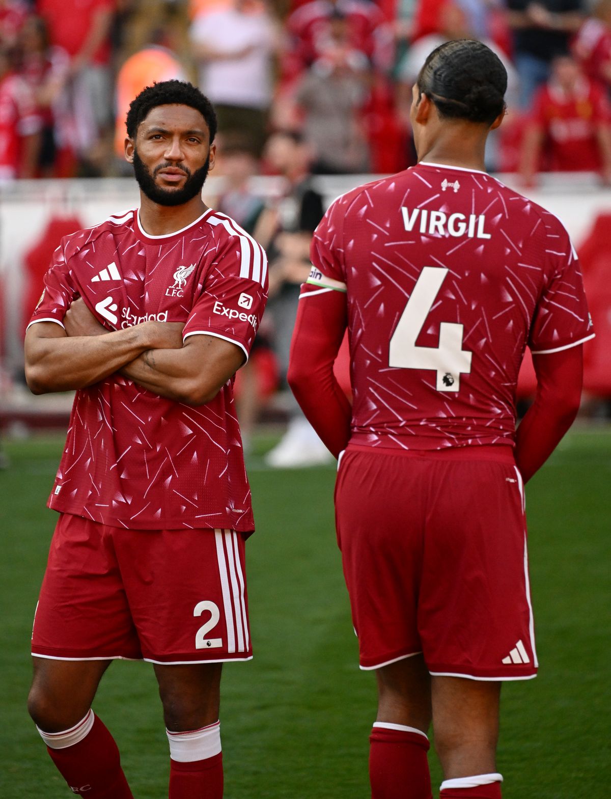 LIVERPOOL, ENGLAND - MAY 24: Joe Gomez and Virgil van Dijk of Liverpool interact at full time following during the Premier League match between Liverpool and Brentford at Anfield on May 24, 2026 in Liverpool, England. (Photo by Liverpool FC/Liverpool FC via Getty Images)