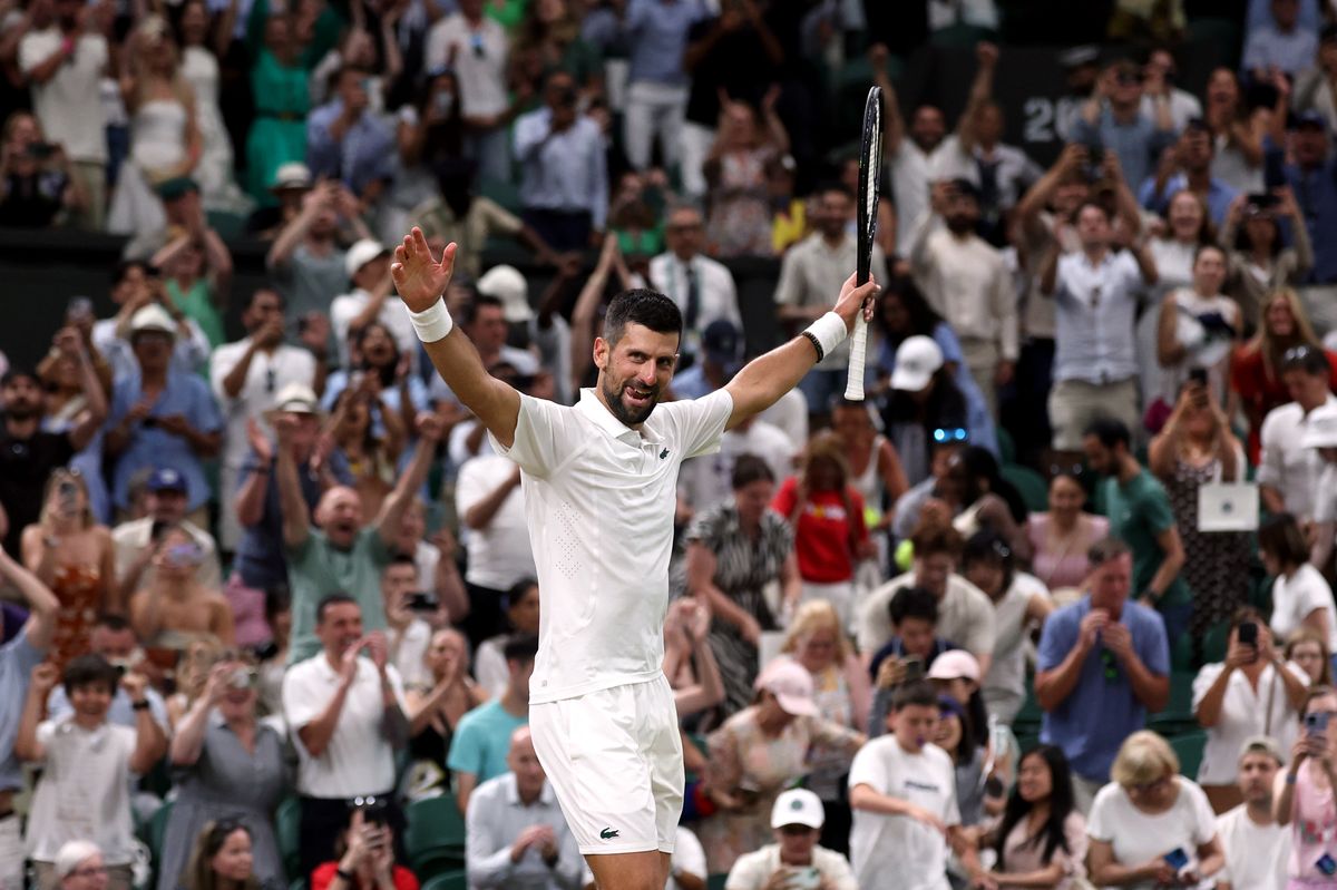 LONDON, ENGLAND - JULY 07: Novak Djokovic of Serbia celebrates winning match point against Felix Auger-Aliassime of Canada during their Gentlemen's Singles quarterfinal match on day nine of The Championships Wimbledon 2026 at All England Lawn Tennis and Croquet Club on July 07, 2026 in London, England. (Photo by Cameron Spencer/Getty Images)