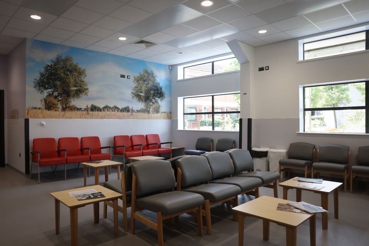 Modern doctor's/hospital waiting room with no patients, grey and red leather seats, tables with papers/magazines on them, windows looking out onto garden area and large wall imagery of trees on dry land on a day with blue sky and clouds