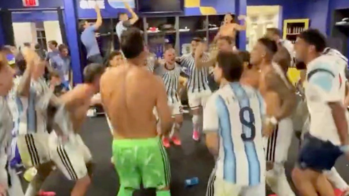 Argentina players singing in a dressing room