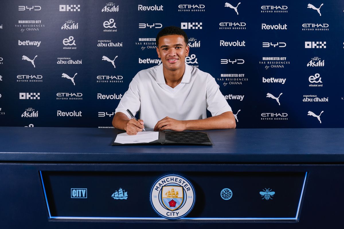 Pierce Charles signs for Manchester City at Manchester City Football Academy on July 08, 2026 in Manchester, England. (Photo by Manchester City FC)