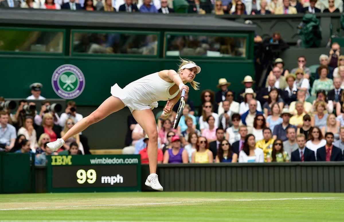 Canada's Eugenie Bouchard in action against Czech Republic's Petra Kvitova in their Ladies' singles Final during day thirteen of the Wimbledon Championships at the All England Lawn Tennis and Croquet Club, Wimbledon.