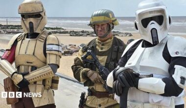 Star Wars Stormtroopers in body and helmets on the promenade at Cleveleys