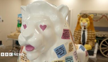 The image shows three lion sculptures. Two in the background are slightly blurred and the one if the foreground is in focus. The one in the front is white and painted with pink heart eyes. It has a number of different coloured squares which each say different messages about Portsmouth. The one in the background is painted in to look like it is wearing a suit. It has a brown jacket on and a black tie. It has a ginger mane and a brown hat on. The third lion is inspired by history of libraries. It is a brown lion, which has green and grey on it.
