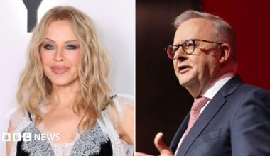 A split screen image of a woman with wavy blonde hair and heavy makeup on the left and a man with short grey hair and glasses in a suit on the right