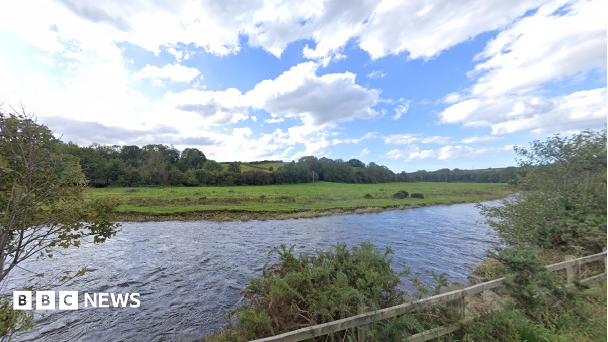 A Google Street View screenshot of the river. Taken from a nearby road, there is a flat, grassy bank on the other side, lined by large trees.