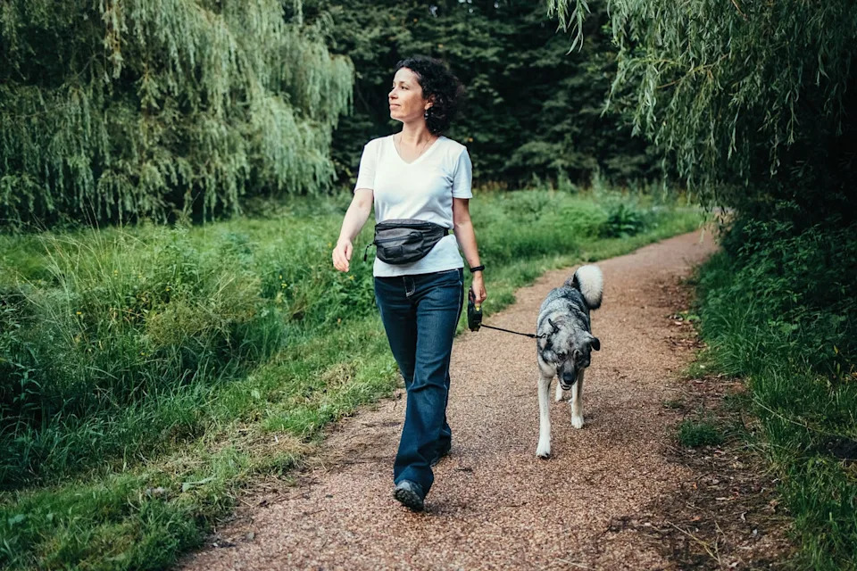 interval walking benefits: woman walks her dog in nature