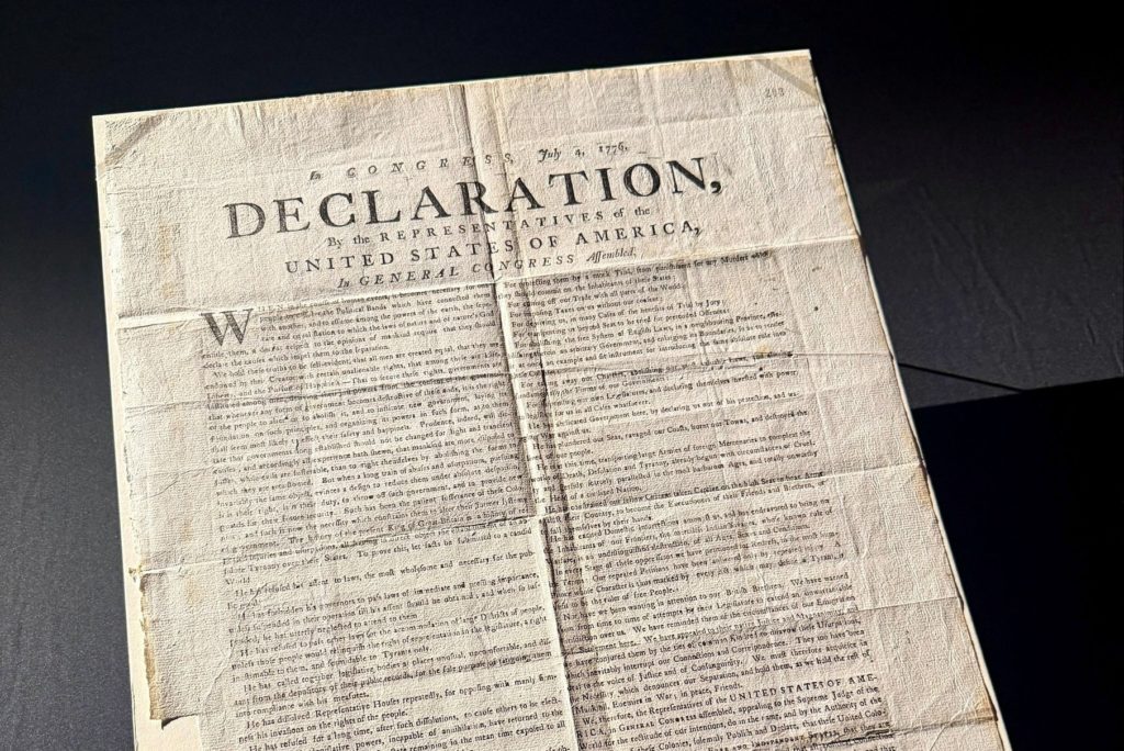 A 1776 copy of the U.S. Declaration of Independence is displayed