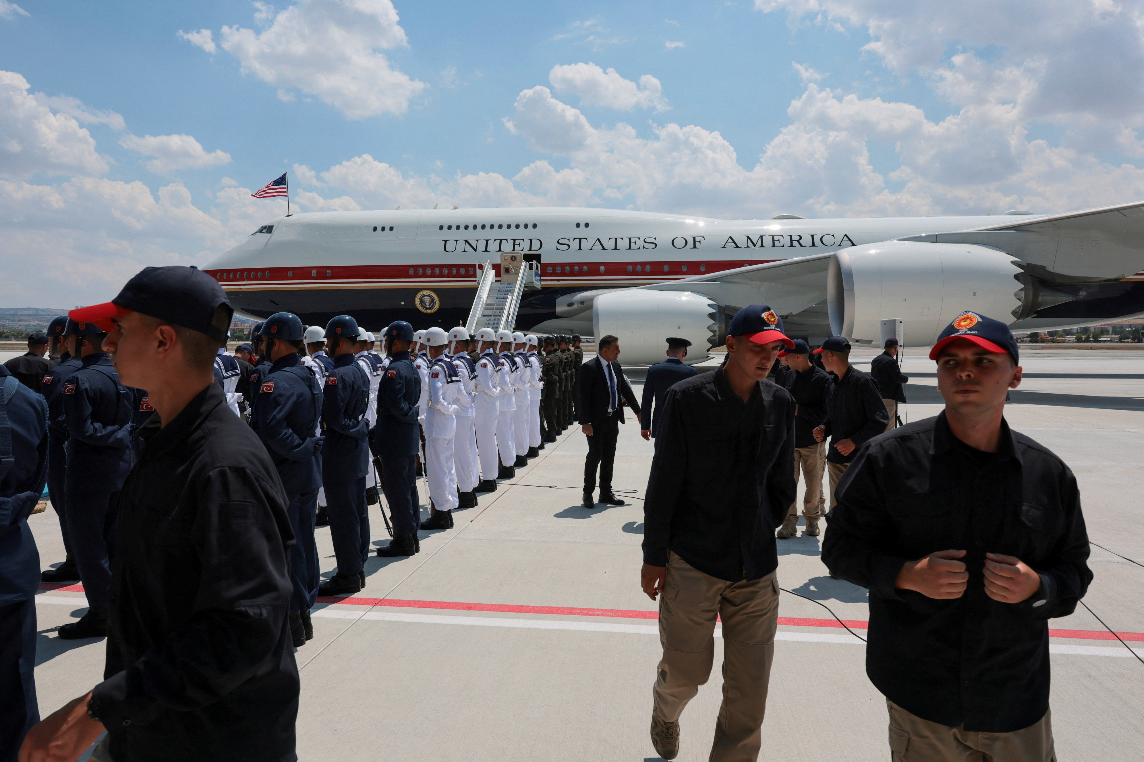 A view of the Air Force One carrying U.S. President Donald Trump for a NATO summit, at Etimesgut Air Base, in Ankara, Turkey, July 7, 2026. REUTERS/Jonathan Ernst