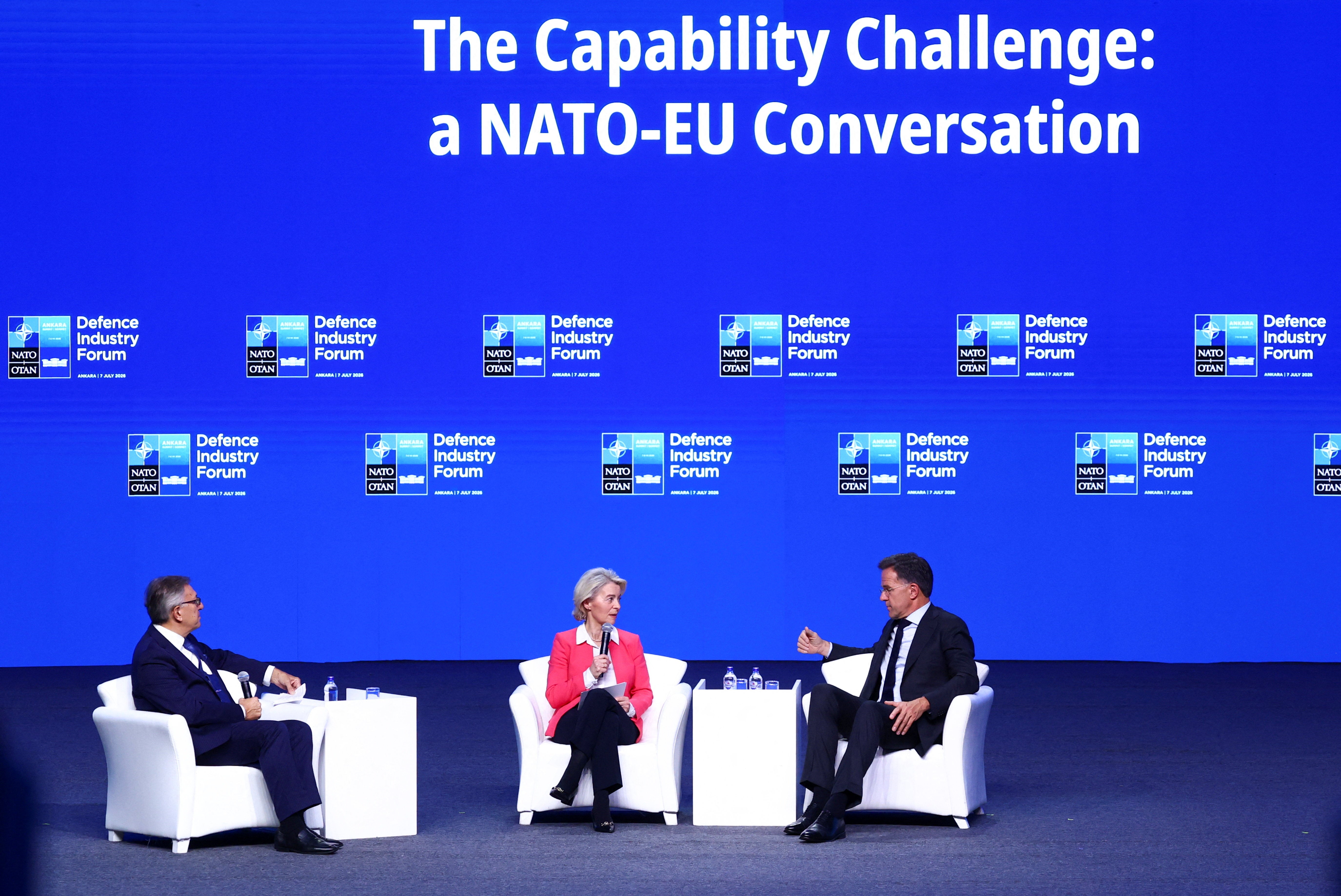 European Commission President Ursula von der Leyen, Chairman of the Centre for Economics and Foreign Policy Studies (EDAM) Tacan Ildem and Nato Secretary General Mark Rutte attend the panel ‘The Capability Challenge: a Nato and EU conversation’ at the Nato Summit Defence Industry Forum, on the sidelines of the Nato leaders' Summit, in Ankara, Turkey, July 7, 2026.