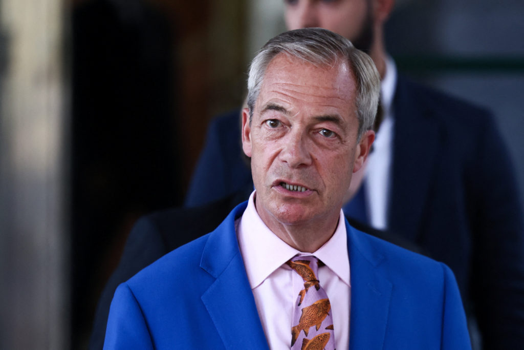 Nigel Farage, the leader of Britain's Reform UK party makes a statement, in London